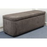 A box ottoman with hinged lift-lid upholstered grey velour, 52½” long; together with a large