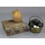 Two sets of Lignum Vitae lawn bowls; a deal case; a brass preserve pan; & a stoneware flagon.