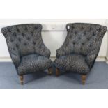 A pair of Victorian-style buttoned-back easy chairs upholstered blue & silver geometric