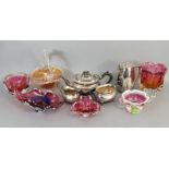 A silver plated three-piece tea service; together with various items of decorative china, pottery, &
