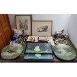 Thirteen various decorative pictures; together with various items of platedware, pottery, etc.