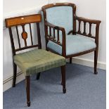 An Edwardian beech frame elbow chair on square tapered legs; together with a similar dining chair; a