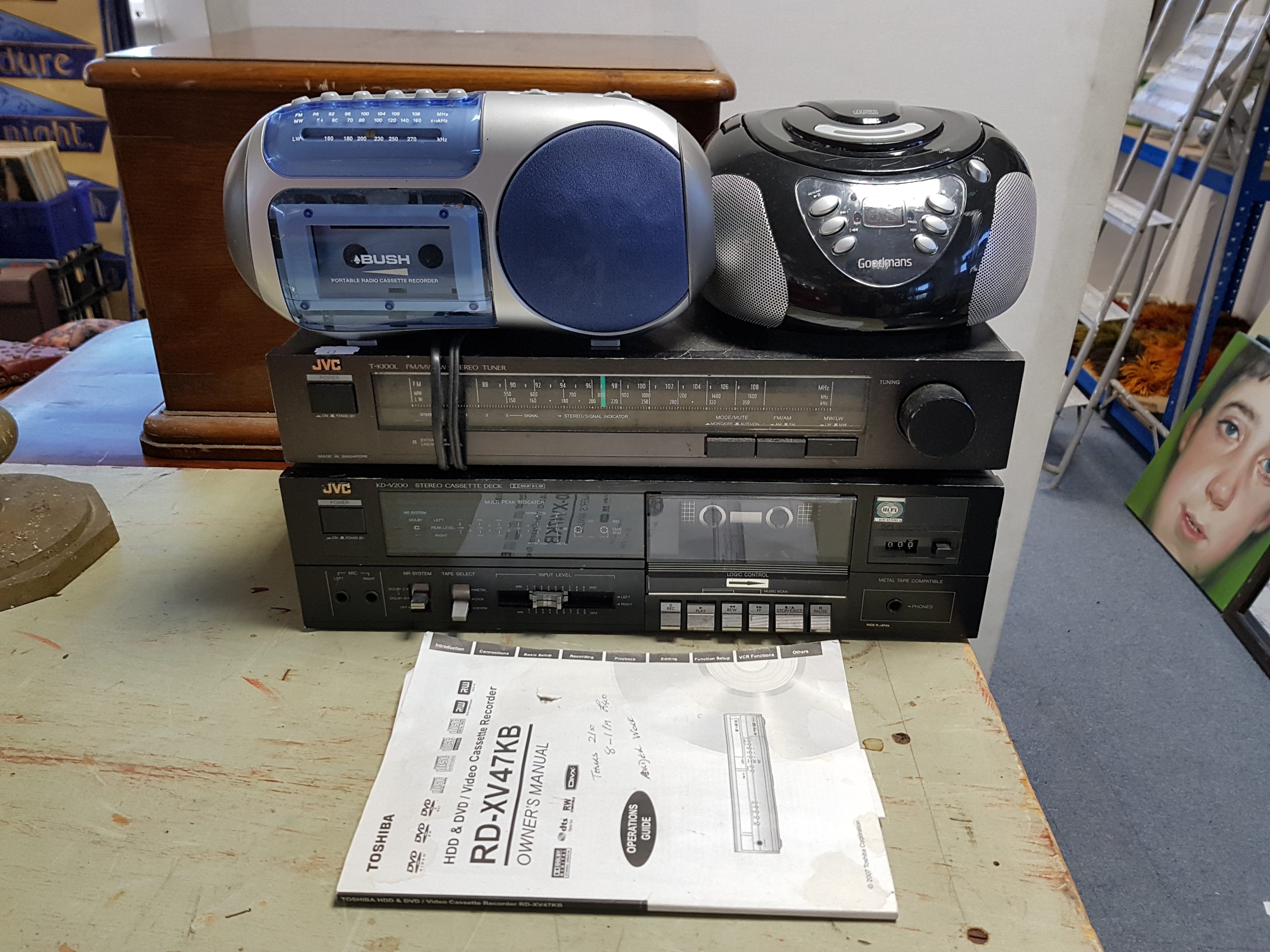 A Toshiba dvd/video cassette recorder; a JVC hi-fi system; & three various radios. - Image 2 of 3