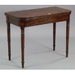 A 19th century inlaid-mahogany card table inset green baize to the rectangular fold-over top, & on