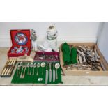 Various items of plated cutlery; a reproduction scrimshaw; & various other decorative ornaments.