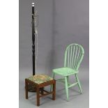 A green painted spindle-back kitchen chair; together with a standard lamp; a stool; various