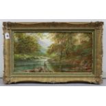 An oil painting on canvas by Andrew Grant Kurtis of a river landscape with fisherman to the