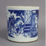 A Chinese blue & white porcelain large brush pot decorated with figures in mountainous landscapes