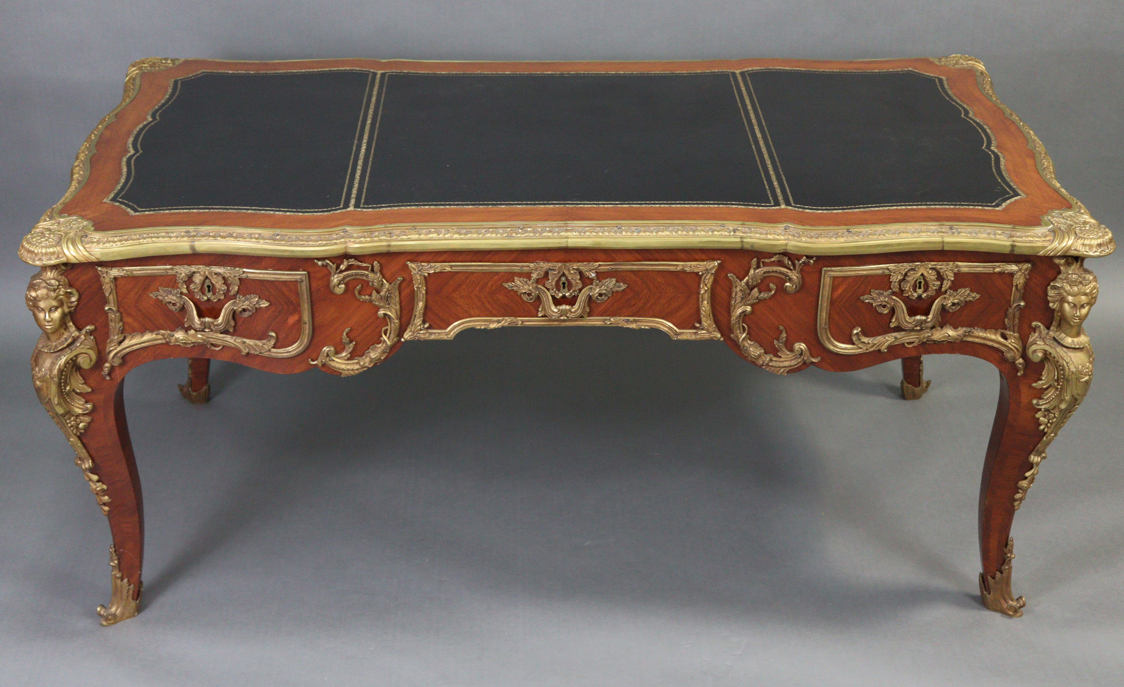 A LOUIS XV STYLE BUREAU PLAT, inset gilt tooled leather to the shaped rectangular top, with - Image 3 of 4