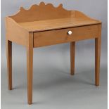 A 19th century painted pine tray-top side table with scalloped back, fitted two-division frieze