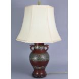 A Chinese bronze baluster vase forming a table lamp, with cloisonne bands of archaic decoration &
