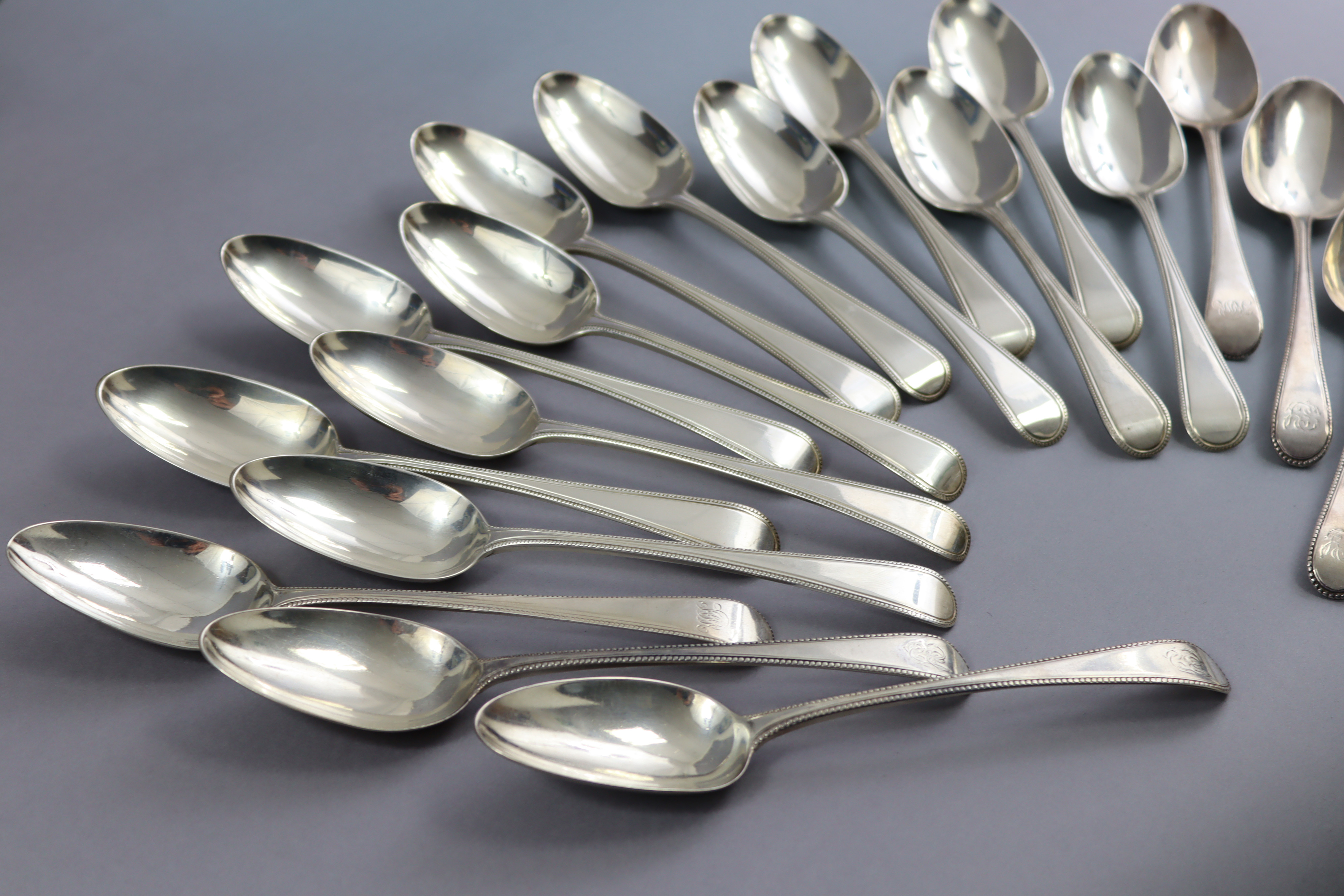 Eighteen George III silver Old English Bead pattern table spoons, by George Smith III; fourteen - Image 2 of 8