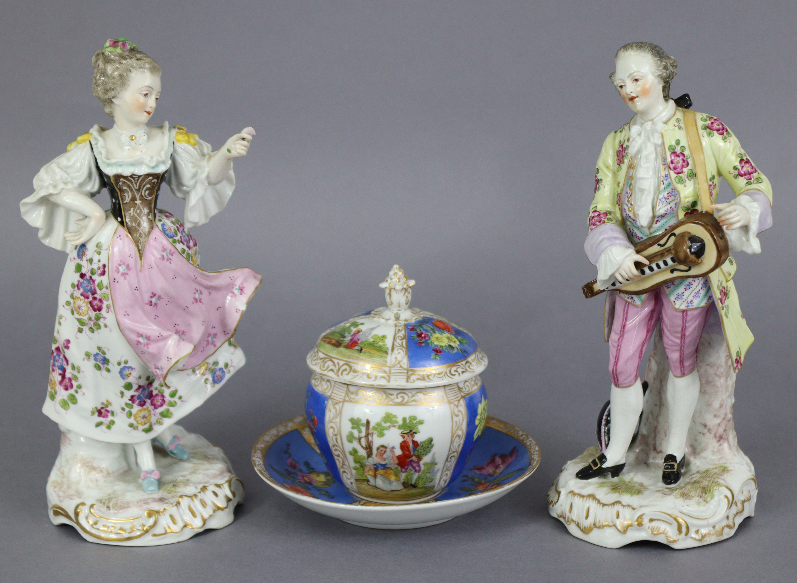 A pair of Dresden porcelain male & female costume figures in the 18th century style, 8¾” (minor