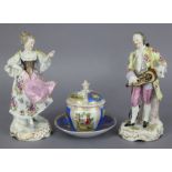 A pair of Dresden porcelain male & female costume figures in the 18th century style, 8¾” (minor