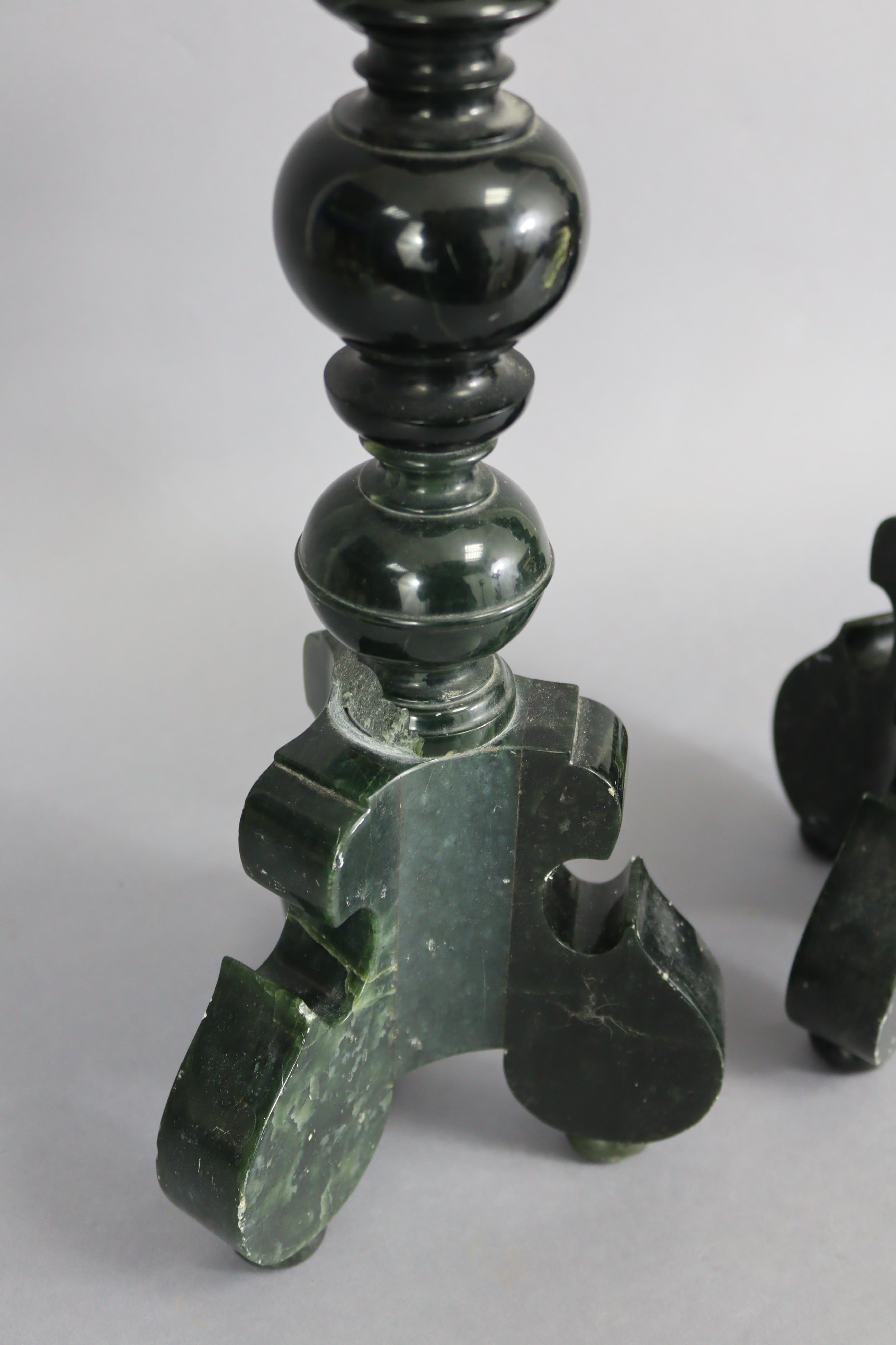 A pair of dark green soapstone altar candlesticks, the colouration resembling spinach-green jade, - Image 4 of 6