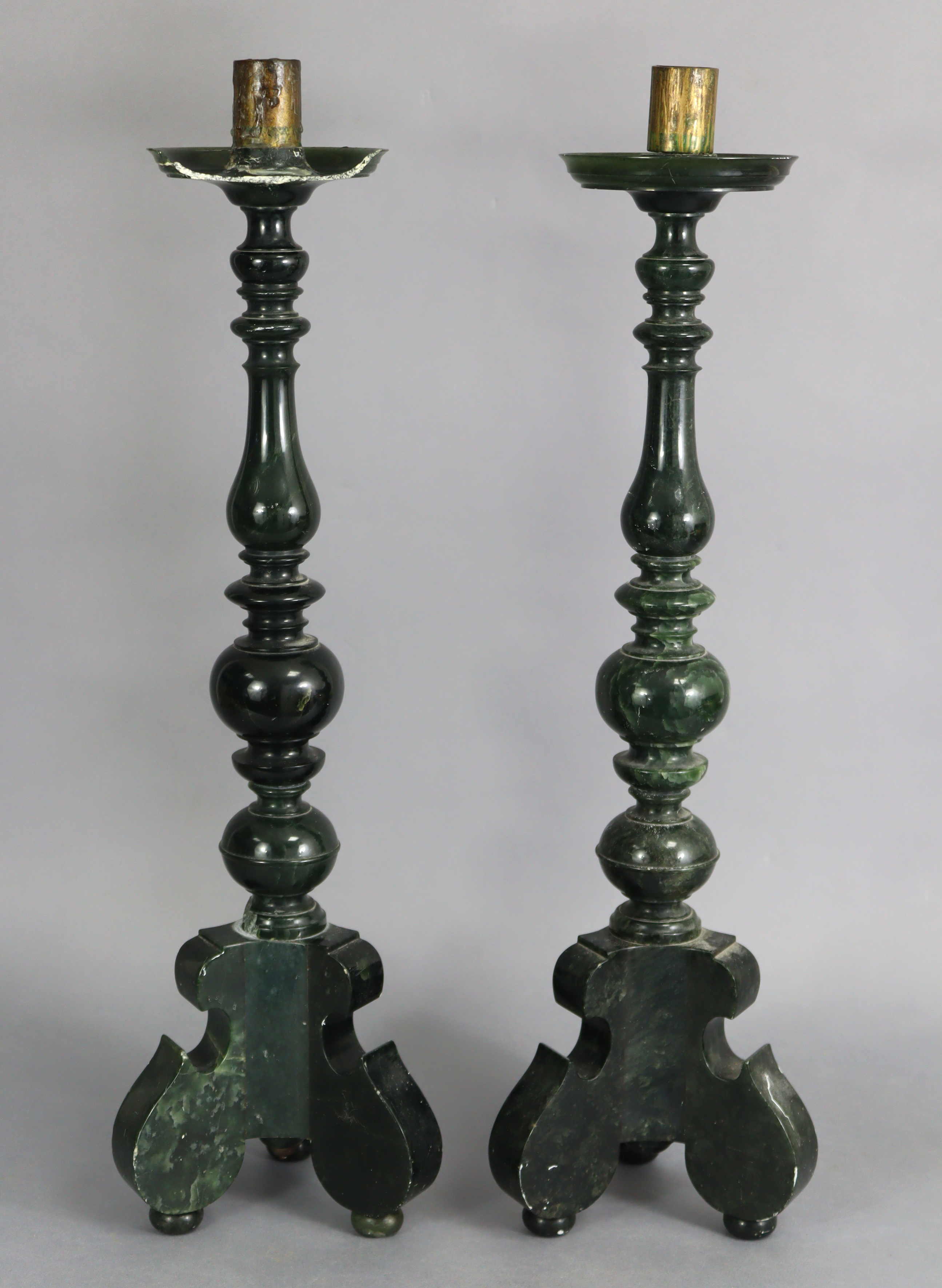 A pair of dark green soapstone altar candlesticks, the colouration resembling spinach-green jade, - Image 2 of 6