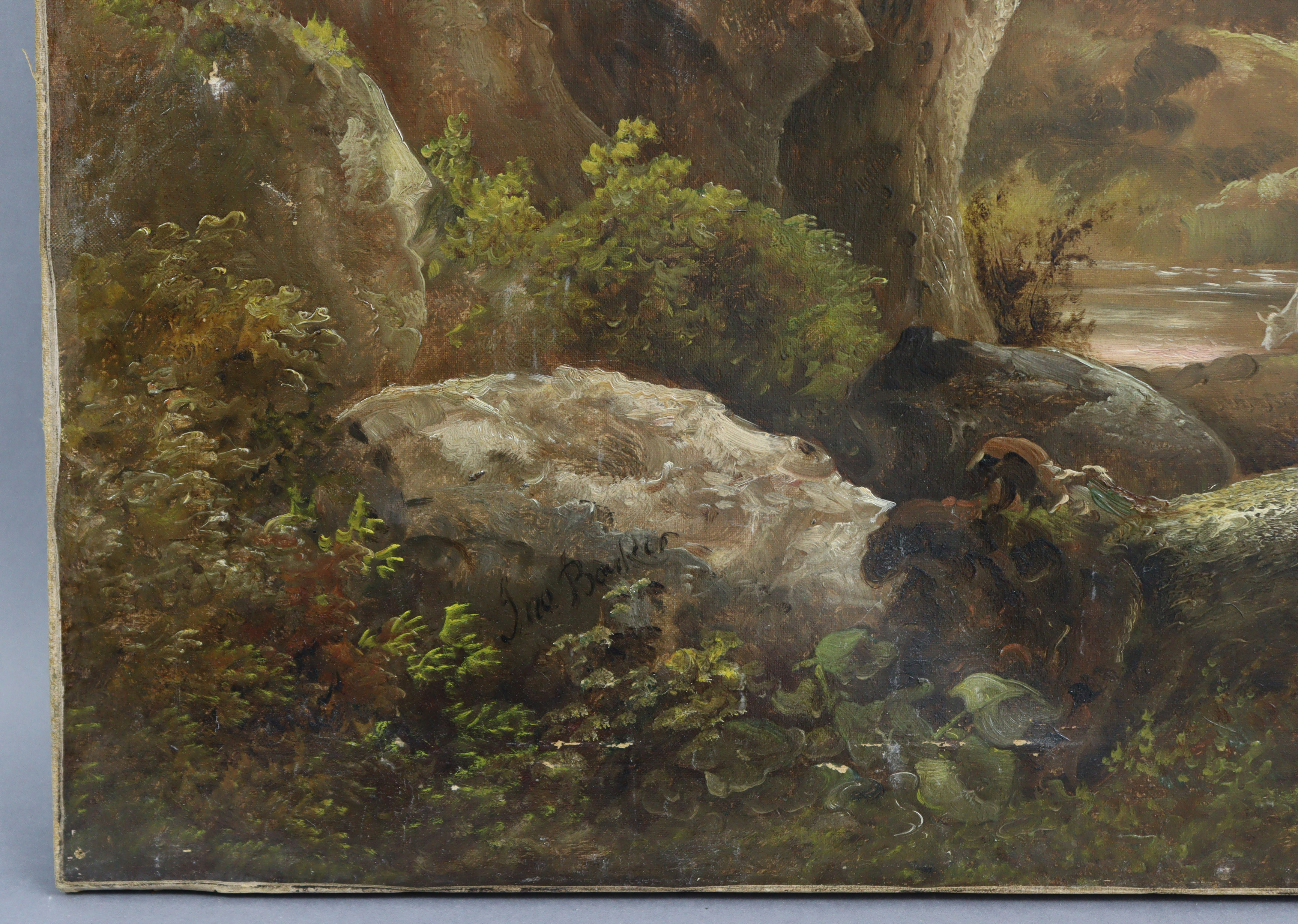 JOHN JOSEPH BARKER of BATH (1824-1904) A wooded landscape with cattle watering in the distance. - Image 3 of 4