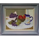 MINNIE WILLS (Contemporary) Still life with blue jug & fruit, signed lower right, Oil on canvas: 12”