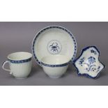 An 18th century Worcester blue & white porcelain reeded trio with cell borders, the tea bowl &