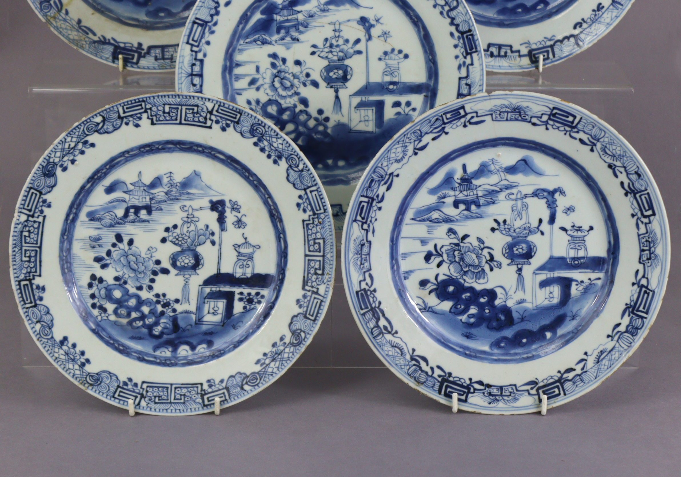A set of five 18th century Chinese blue & white export porcelain 9½” plates, decorated with precious - Image 2 of 8