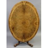 A MID VICTORIAN FIGURED WALNUT & MARQUETRY LOO TABLE, the quarter veneered oval top with Greek-key