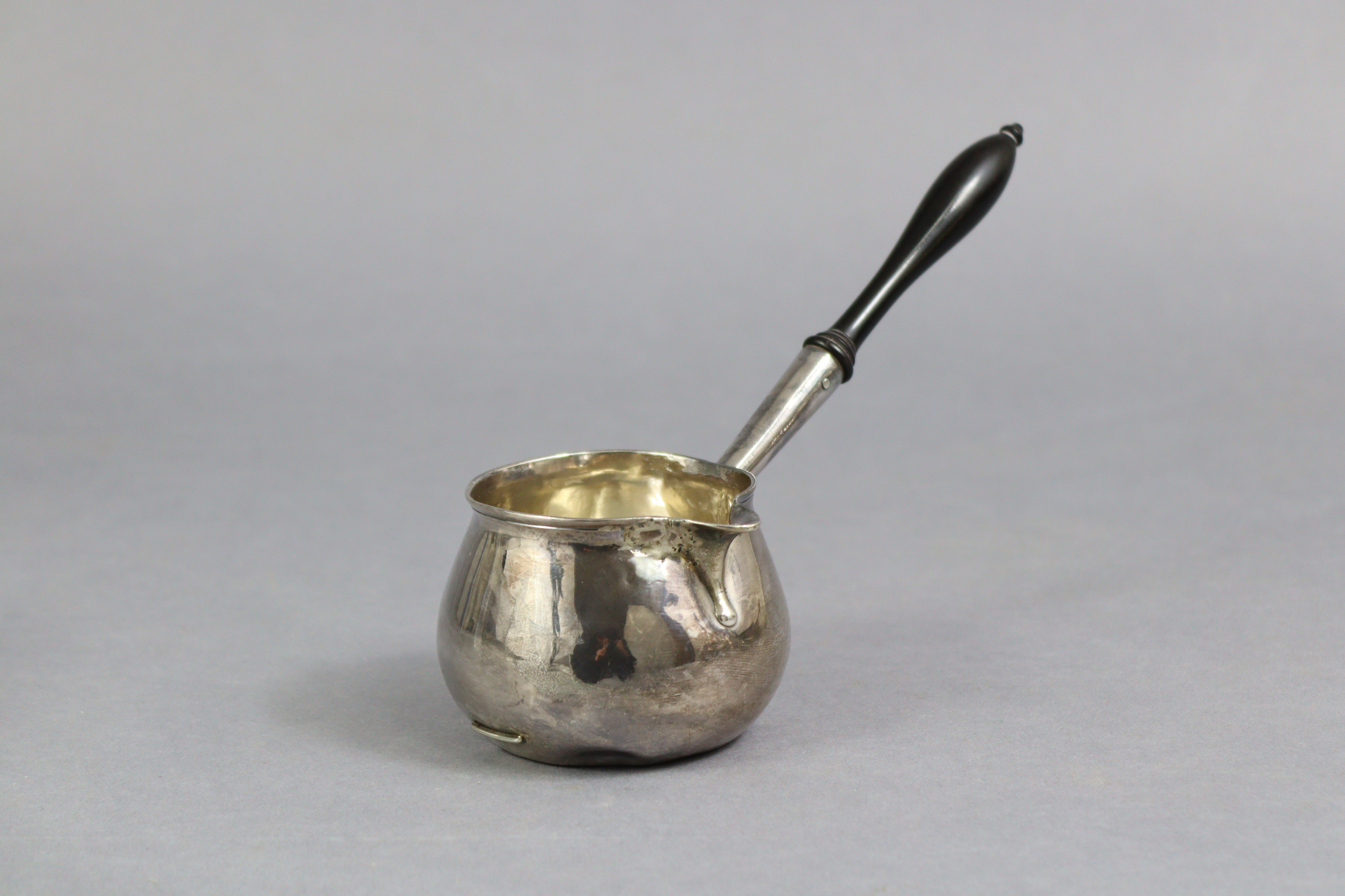 A George I silver brandy saucepan of baluster shape, with ebonised turned wood handle, 6¾” long; - Image 2 of 7