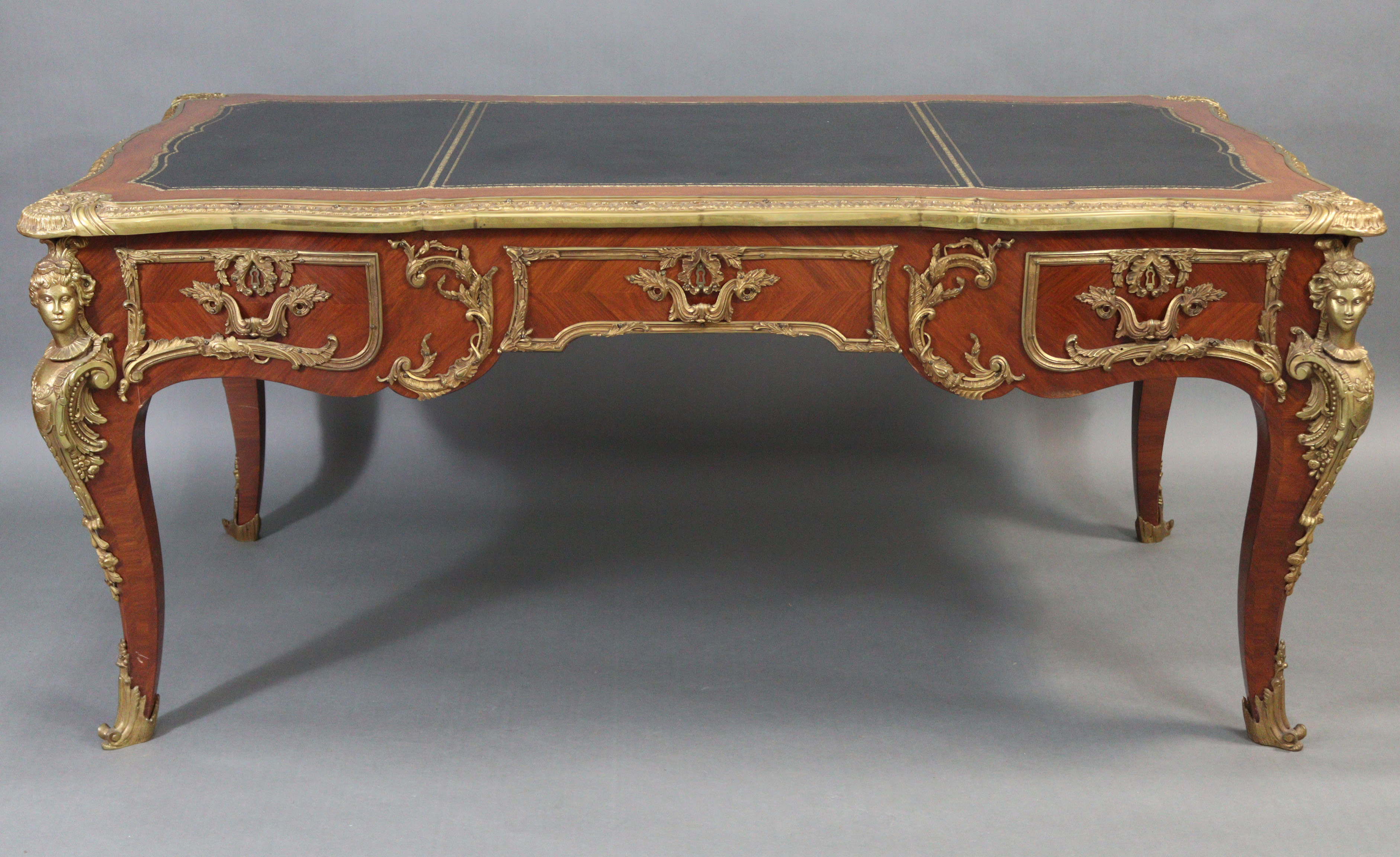 A LOUIS XV STYLE BUREAU PLAT, inset gilt tooled leather to the shaped rectangular top, with - Image 4 of 4