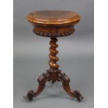 A Victorian burr walnut circular teapoy with moulded edge to the hinged lid, the interior fitted two