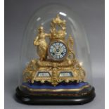 A 19th century French mantel clock in gilt speltre case with 3” diam. Sevres-style porcelain dial, a