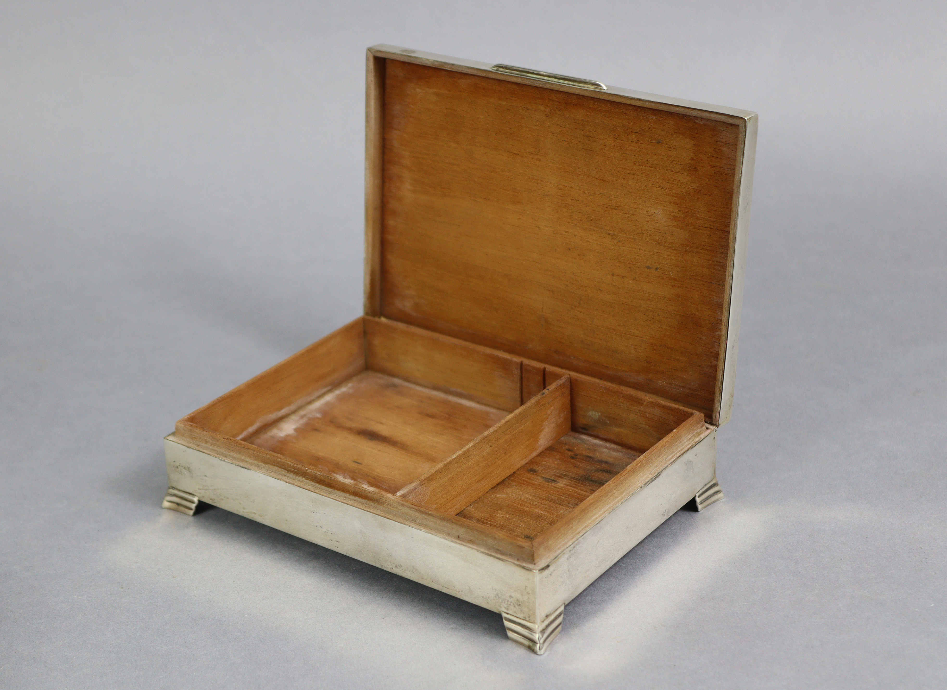 A silver cigarette box with engine-turned hinged cover, plain sides, wood-lined interior, & on - Image 3 of 5