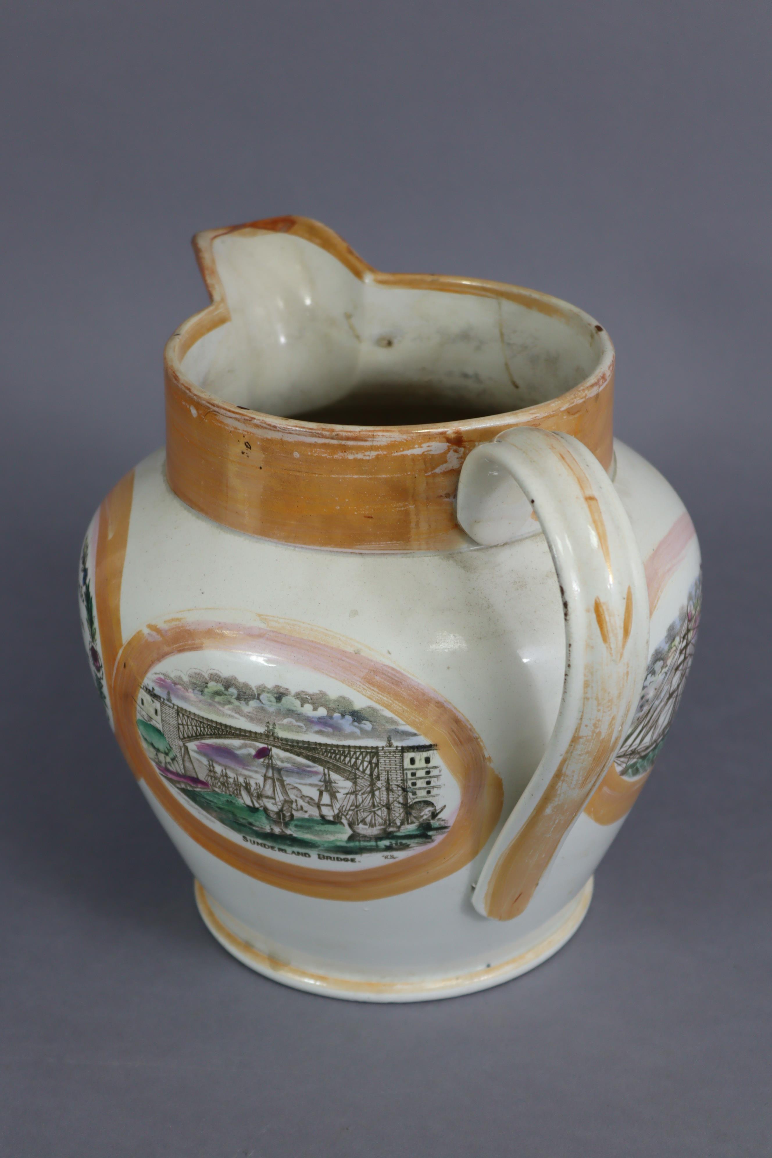 A mid-19th century Sunderland pottery orange lustre large bulbous jug with coloured transfer scene - Image 4 of 5