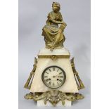 A late 19th century French mantel clock in alabaster case of tapered form, with gilt-metal