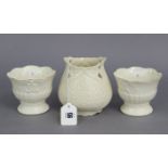 A Belleek porcelain vase with moulded “snowflake” pattern, 4½” high (brown mark); & a pair of 3¼”