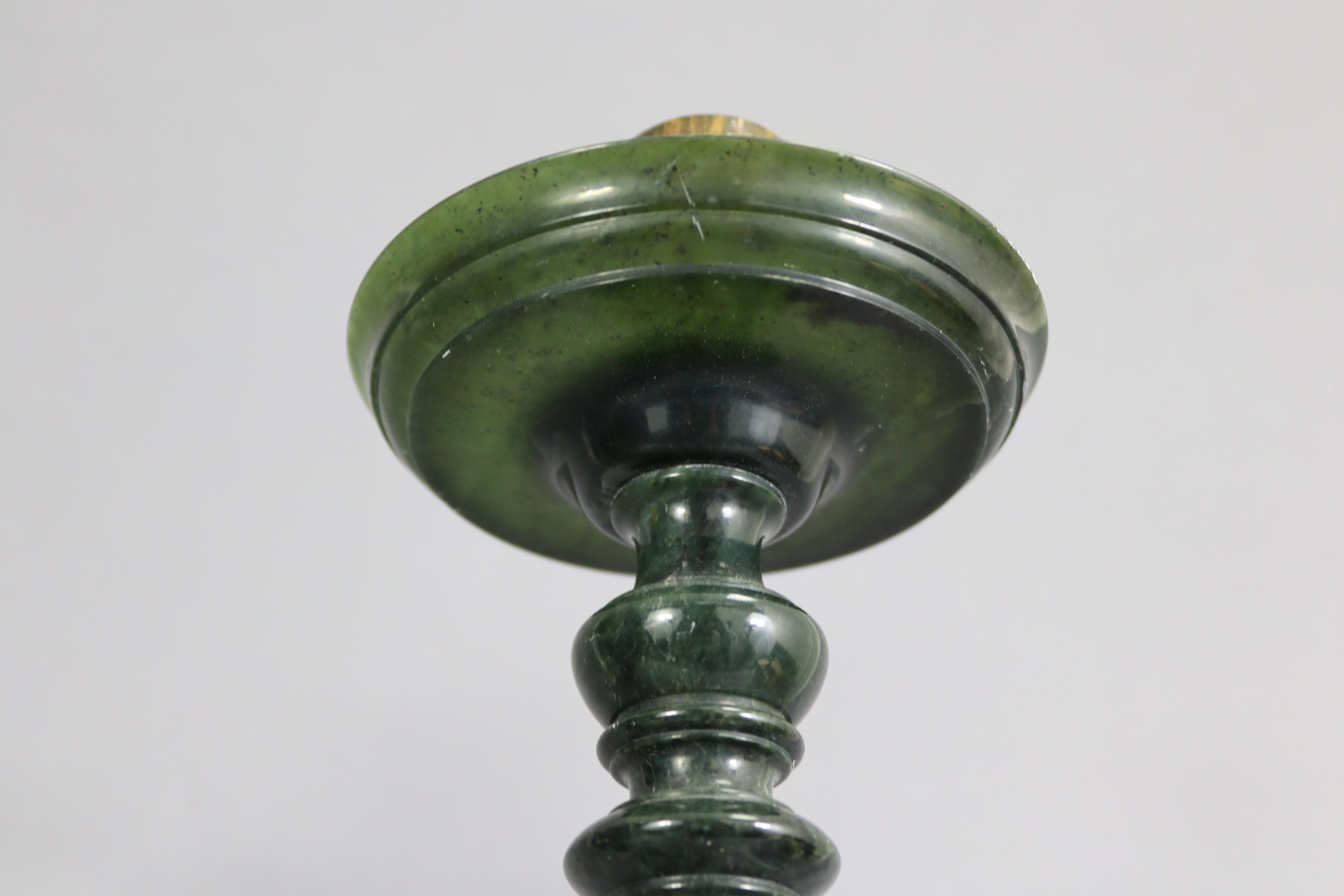 A pair of dark green soapstone altar candlesticks, the colouration resembling spinach-green jade, - Image 5 of 6