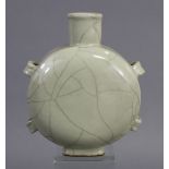 A Chinese porcelain Ge-type moon flask, with cylindrical spout & four lug handles, on short