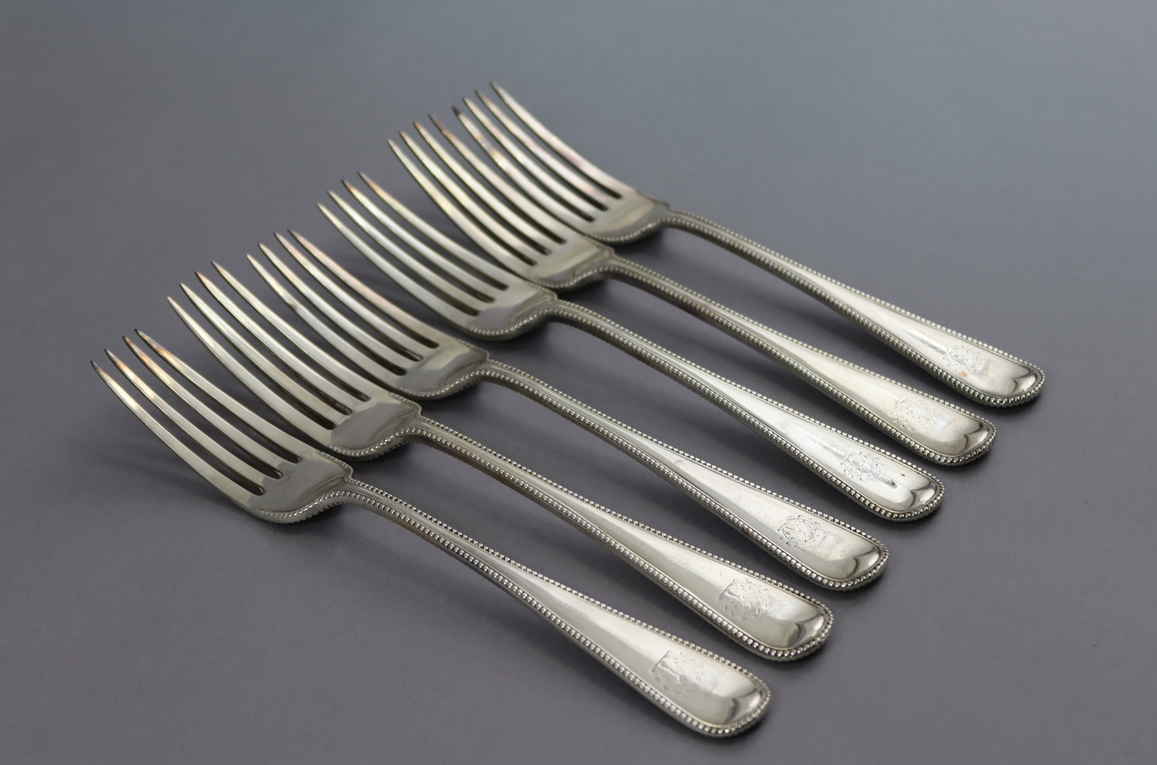 Six Victorian silver Old English Bead pattern table forks; four London 1860, two 1862, all by - Image 2 of 5