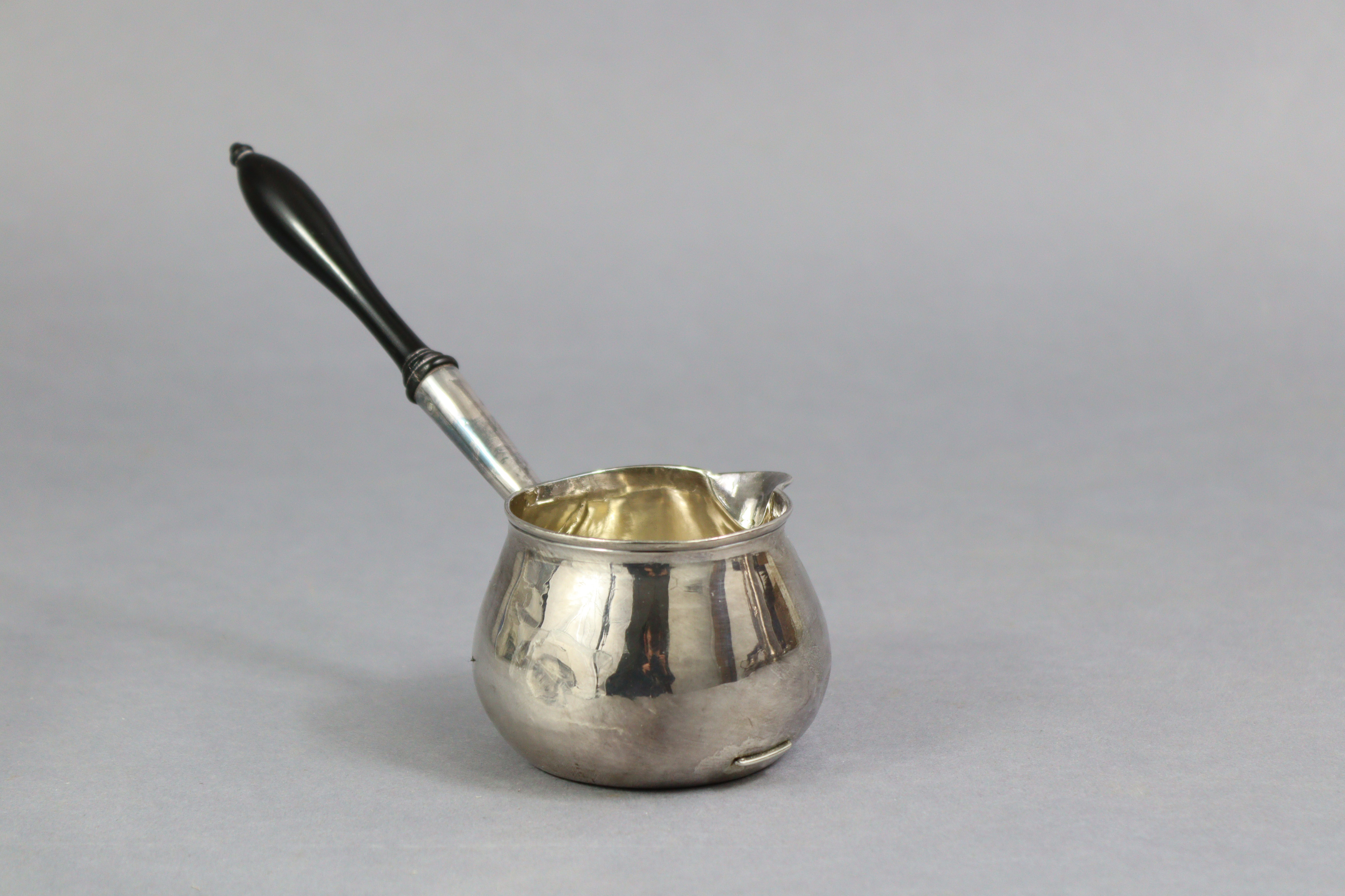 A George I silver brandy saucepan of baluster shape, with ebonised turned wood handle, 6¾” long; - Image 3 of 7