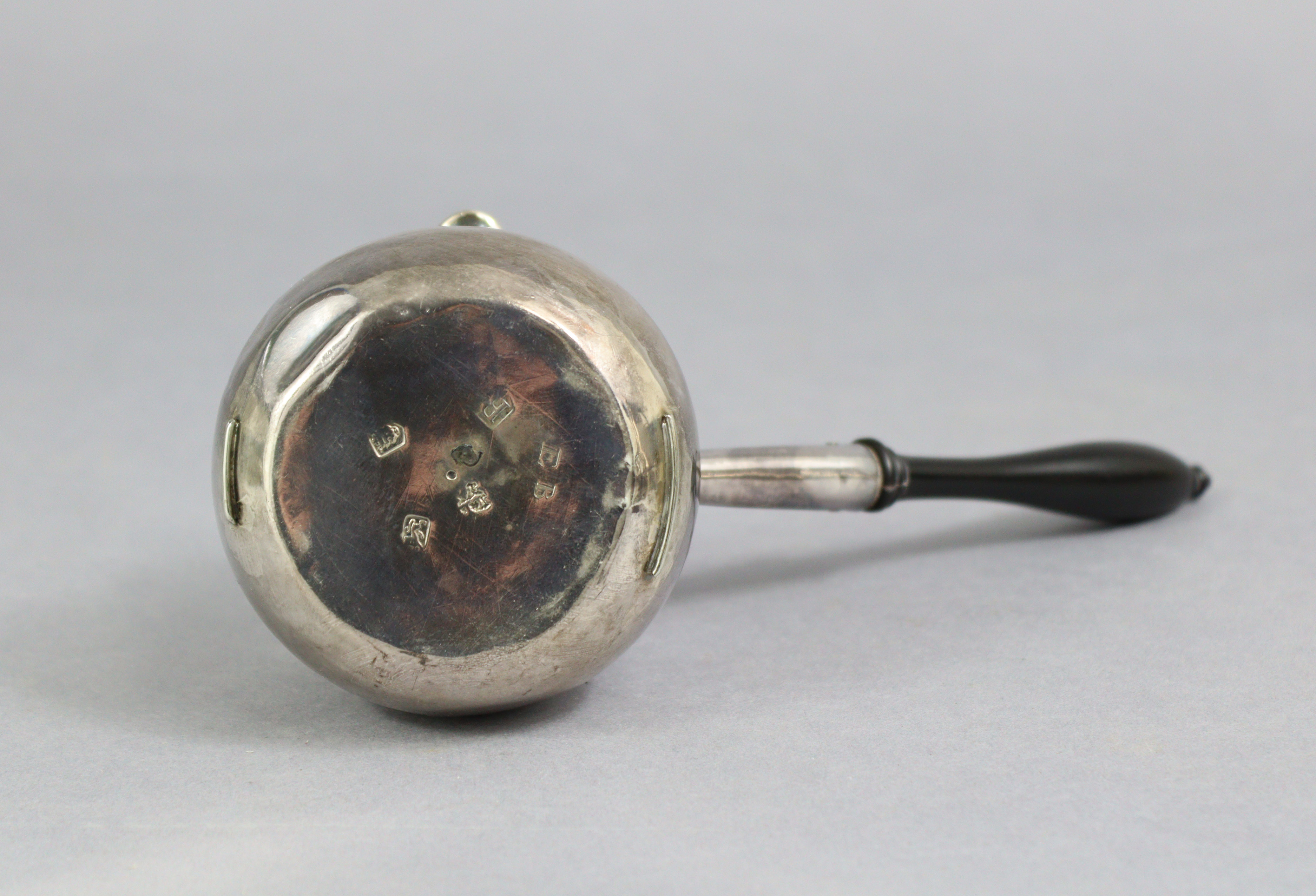 A George I silver brandy saucepan of baluster shape, with ebonised turned wood handle, 6¾” long; - Image 6 of 7