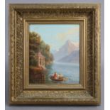 CONTINENTAL SCHOOL, 19th century. A mountainous lake scene with figures in a rowing boat heading