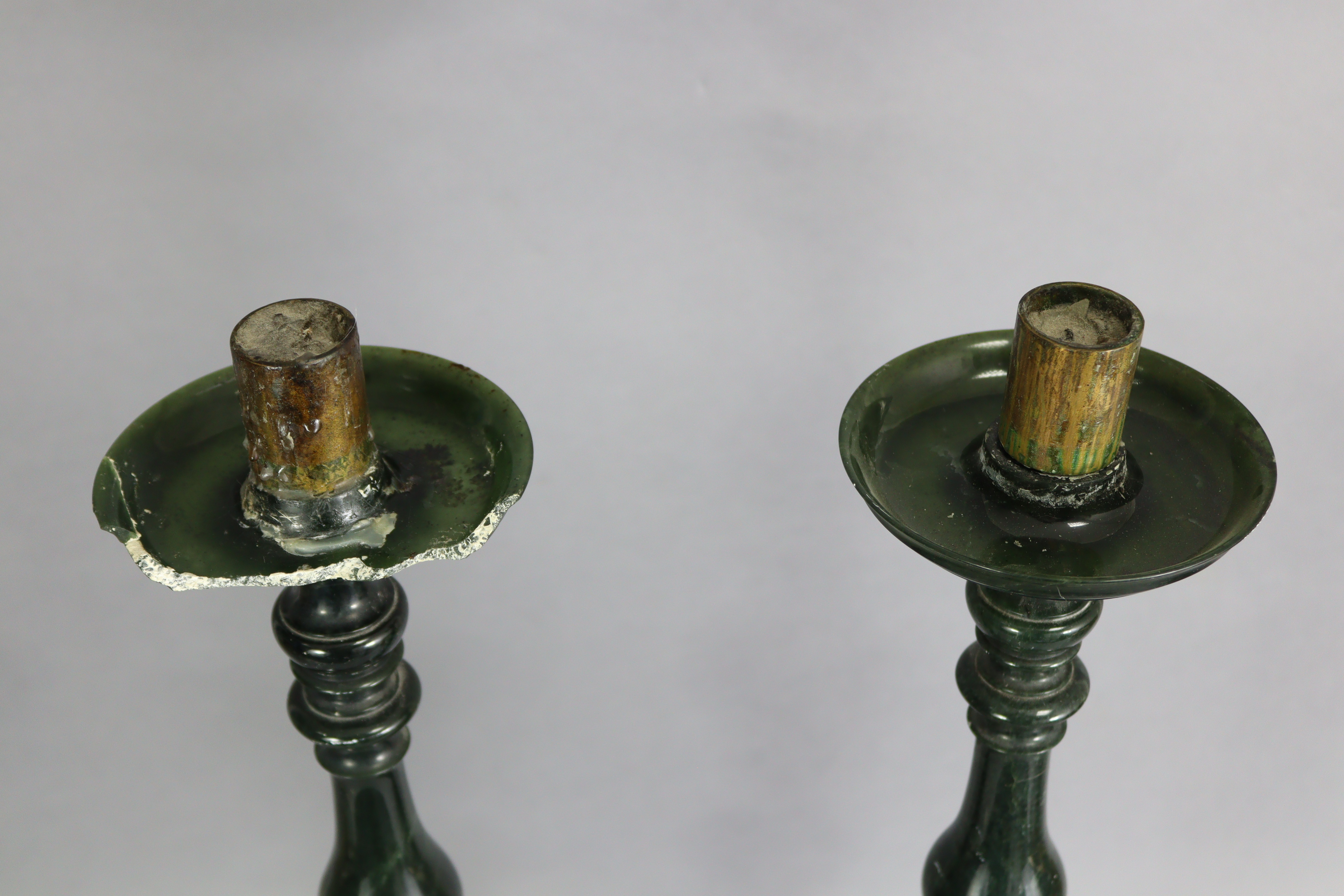 A pair of dark green soapstone altar candlesticks, the colouration resembling spinach-green jade, - Image 3 of 6