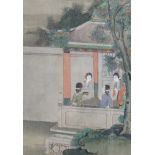 A pair of late 19th century Chinese paintings on silk depicting court scenes, 11¼” x 8”, in matching
