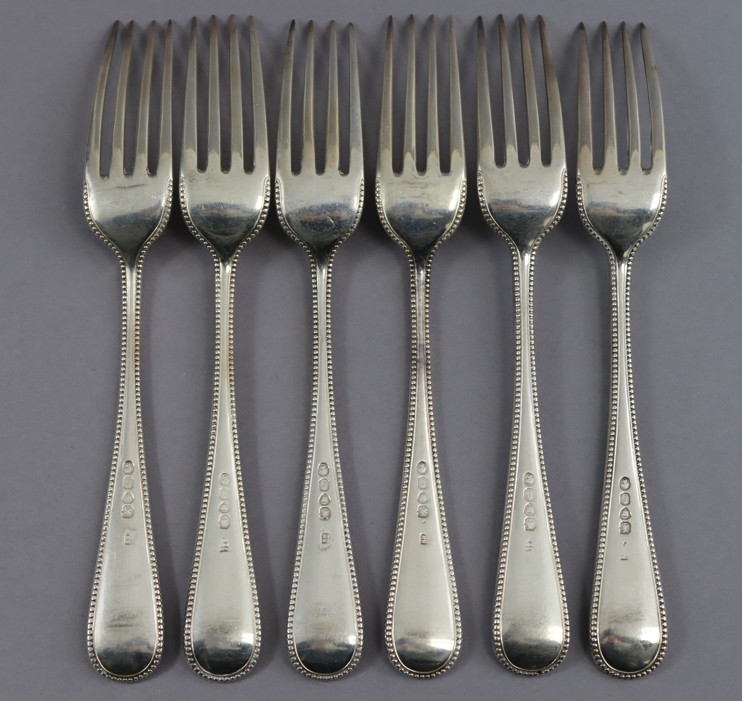 Six Victorian silver Old English Bead pattern table forks; four London 1860, two 1862, all by - Image 4 of 5