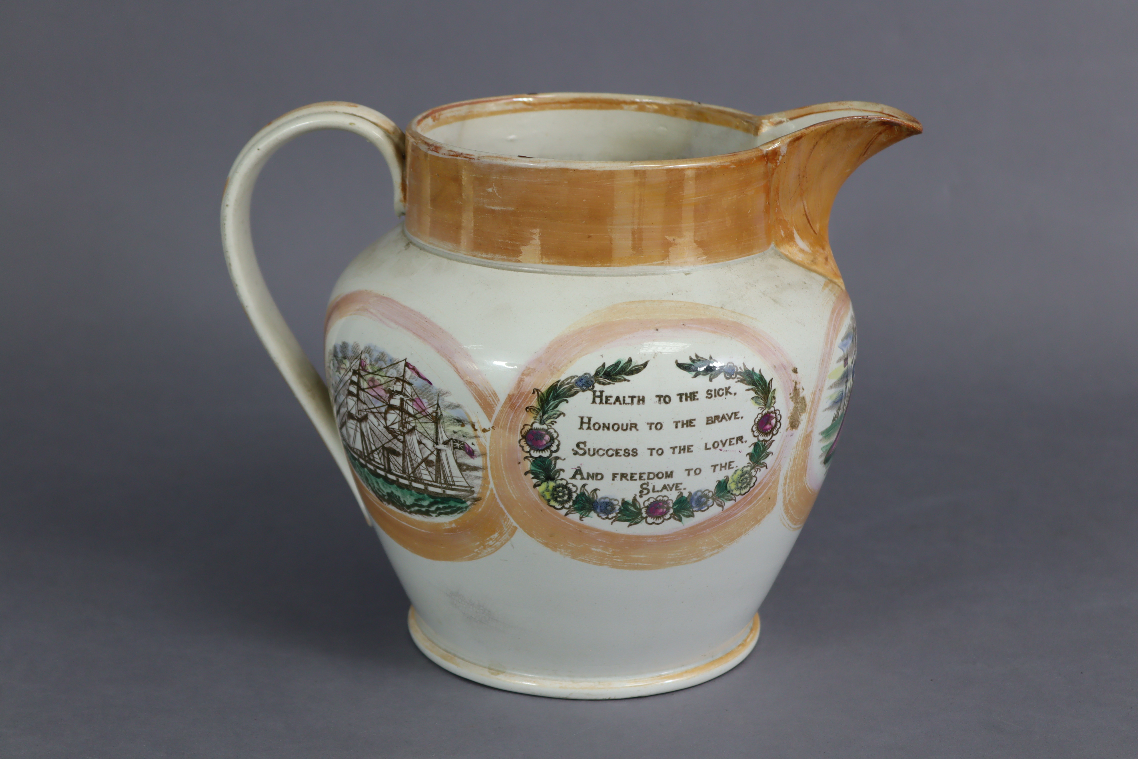 A mid-19th century Sunderland pottery orange lustre large bulbous jug with coloured transfer scene - Image 3 of 5