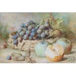 JOSEPH BUNKER (British, 19th century). Still life of a basket of grapes, hazelnuts, apples & orange.