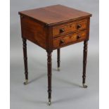 A George III inlaid mahogany & rosewood crossbanded work table, with hinged envelope top above two