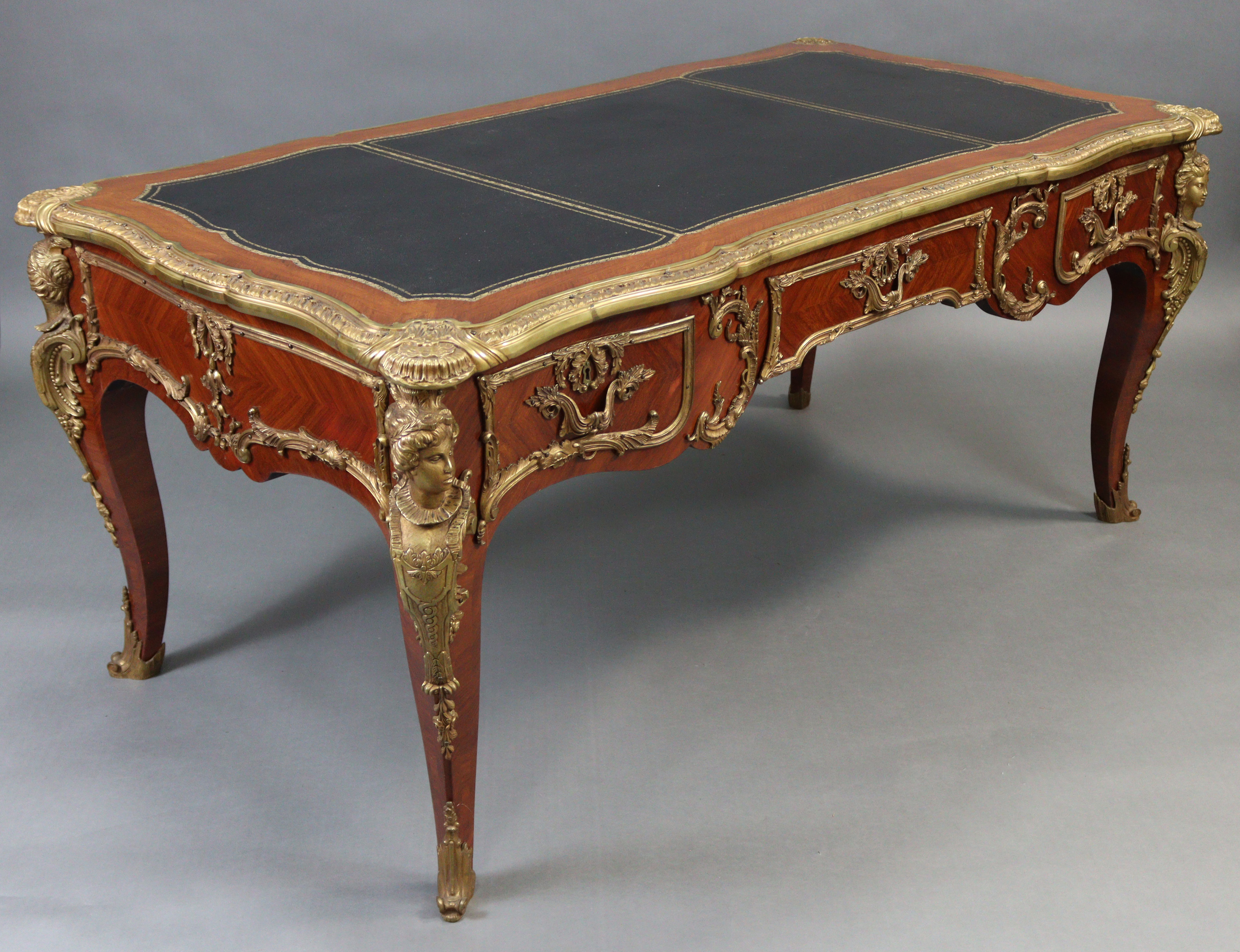 A LOUIS XV STYLE BUREAU PLAT, inset gilt tooled leather to the shaped rectangular top, with - Image 2 of 4