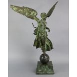 A bronze figure of an ancient Greek winged Goddess holding an archery bow, after the antique, 18”