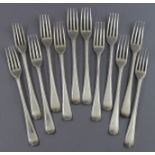 Twelve George III silver Old English Bead pattern dessert forks; five London 1776, one 1777, three