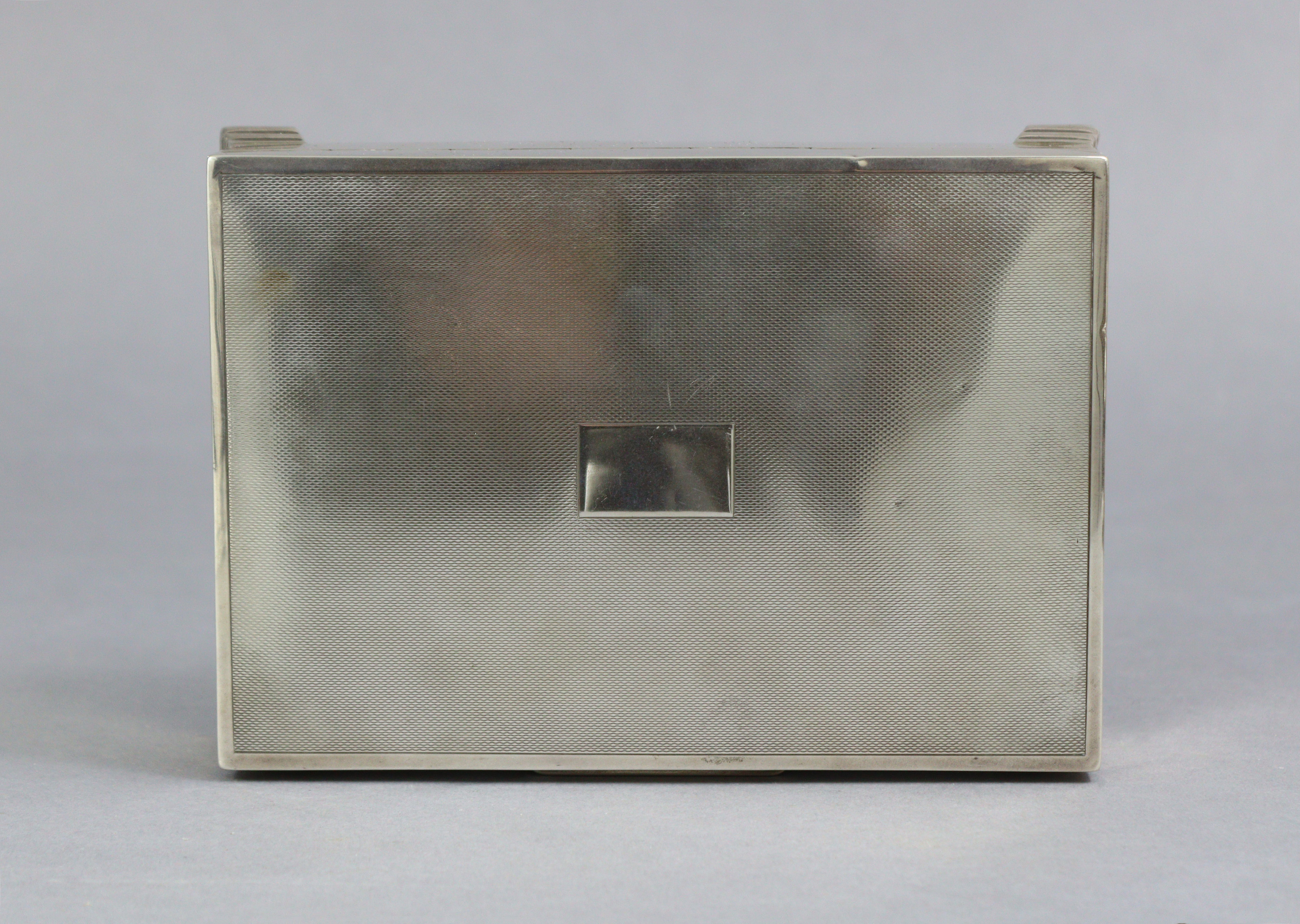 A silver cigarette box with engine-turned hinged cover, plain sides, wood-lined interior, & on - Image 4 of 5