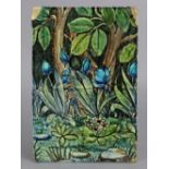 A William De Morgan pottery double tile painted with flowers on the edge of woodland, 8¾” high x